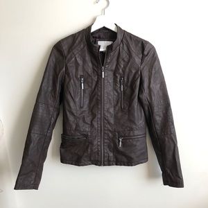 Brown Faux Leather Bomber Jacket